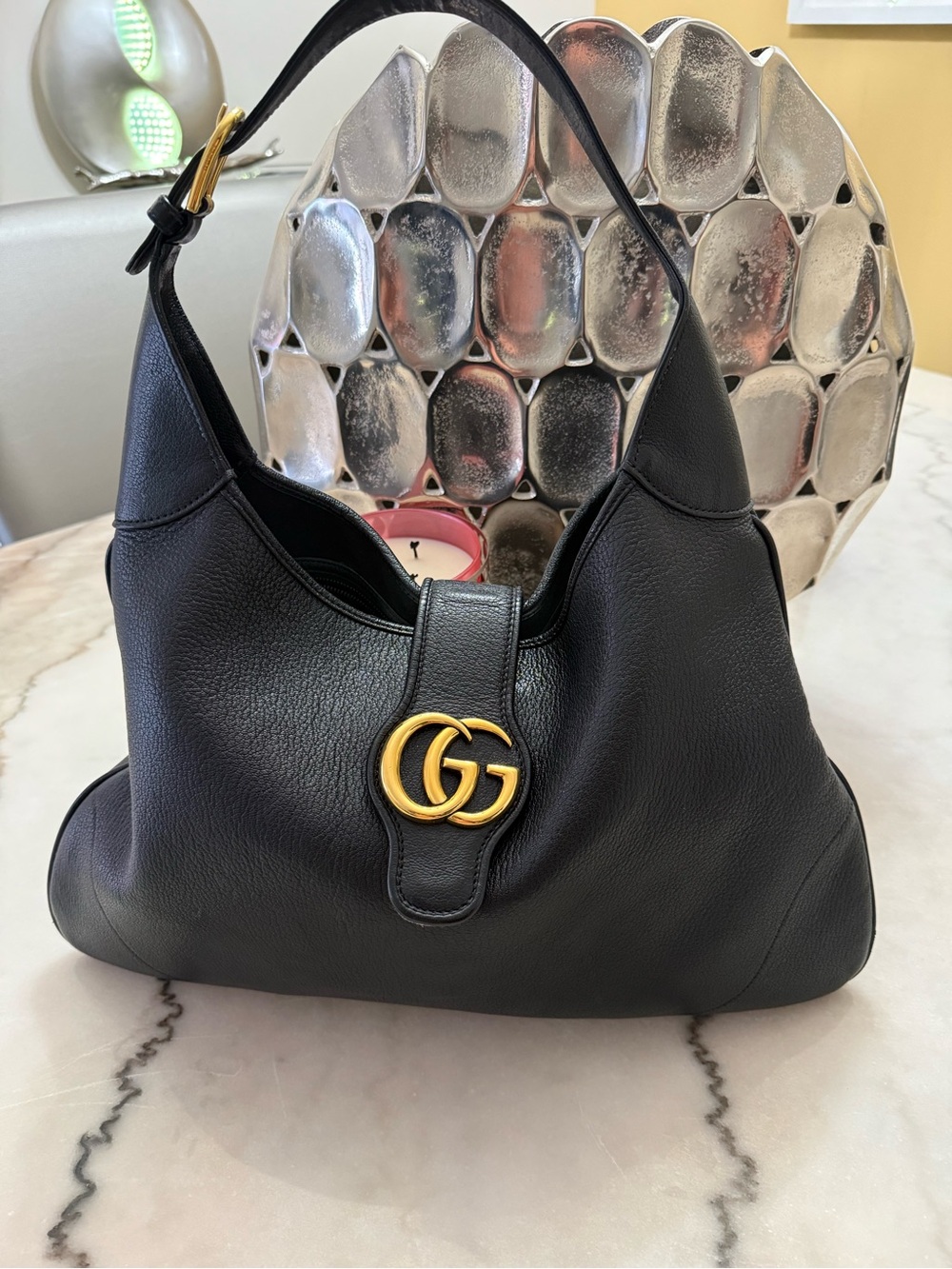 Gucci Black Leather Shoulder Hobo with Gold Double G - Picture 4 of 5